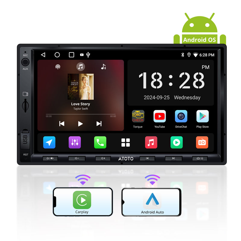 ATOTO 7inch Android Double DIN Car Stereo Wireless CarPlay & Android Auto Wi-Fi/BT/USB Tethering Built-in DSP Bluetooth Android Radio 2G+32G Phonelink FM/AM/TF A5LG2A7T