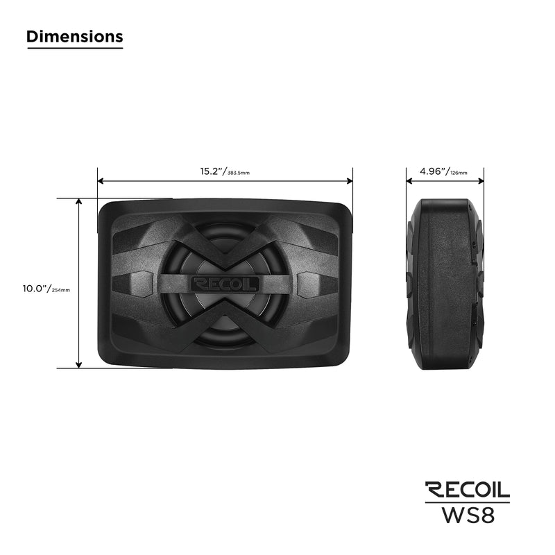 Recoil WS8 Waterproof Passive 8” Subwoofer with 8” Passive Radiator 300W For UTV ATV Golf Cart Boat Off-Road Motorsports Audio