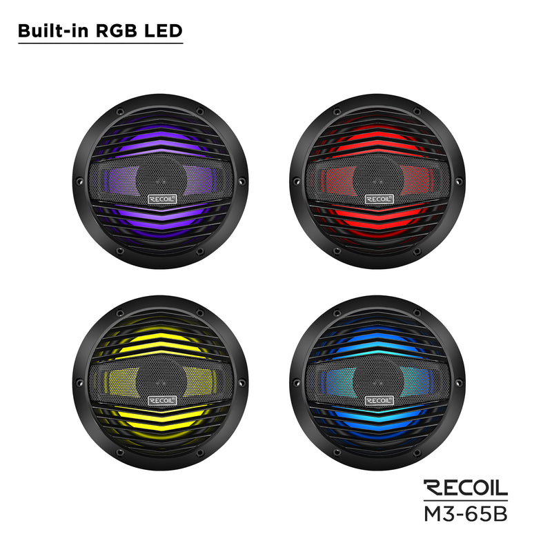 Recoil M3-65B 6.5 Inch 2-Way Marine Boat Coaxial Speakers with Built-in RGB LED 210W Max