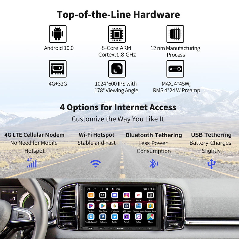 ATOTO S8 S8G2A74MS 7inch Android Double Din Car Stereo Receivers Wireless CarPlay & Android Auto Dual Bluetooth, Built-in 4G LTE, WiFi/USB Tethering HD LRV&VSV SCVC 4G+32G DSP