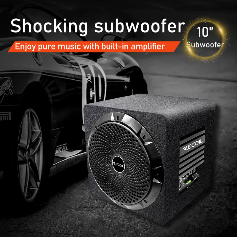 Recoil SW10P Car Audio 10 Inch Active Subwoofer With Passive Radiator 600W Amplifier 8AWG Complete Wiring Kit