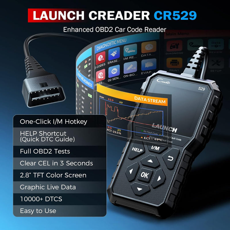 LAUNCH CR529 OBD2 Scanner Diagnostic Tool, Full OBD2 Scanner for Car, Free Lifetime Updates Check-Egine-Light Code Reader, 5 Yrs. Backup, Clear Codes, One Click I/M