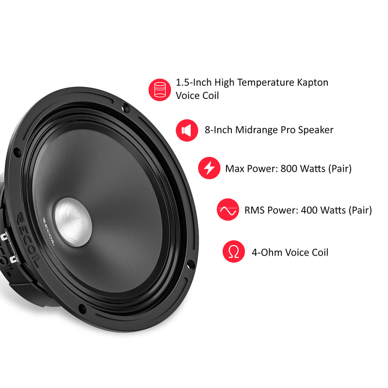 Recoil MS8-4P 8-Inch Midrange Pro Audio Car Speakers, 800W Max 400 Watts RMS (Pair) 4Ohm