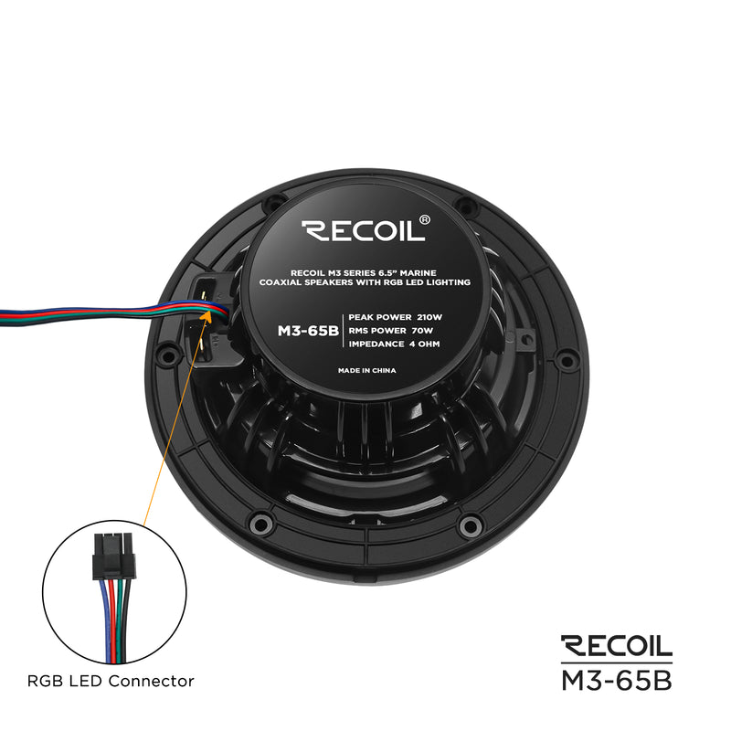 Recoil M3-65B 6.5 Inch 2-Way Marine Boat Coaxial Speakers with Built-in RGB LED 210W Max