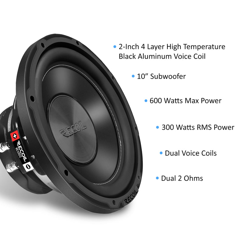 Recoil RS10K Single 10” Complete Subwoofer and Amplifier Bass Package 4AWG Wiring Kit