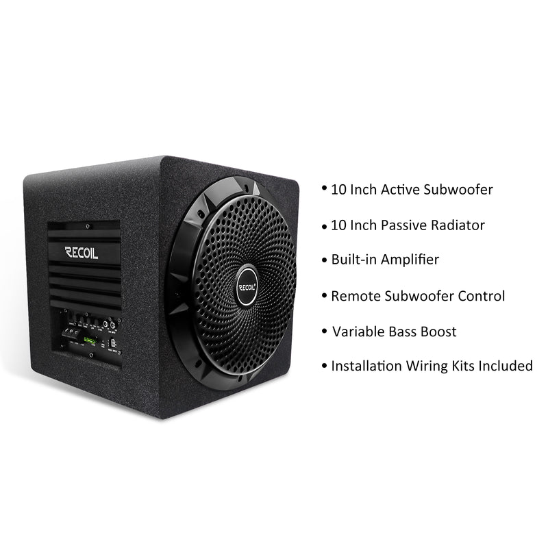 Recoil SW10P Car Audio 10 Inch Active Subwoofer With Passive Radiator 600W Amplifier 8AWG Complete Wiring Kit