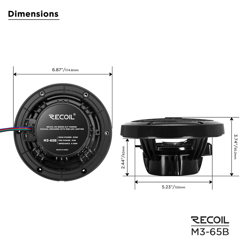 Recoil M3-65B 6.5 Inch 2-Way Marine Boat Coaxial Speakers with Built-in RGB LED 210W Max