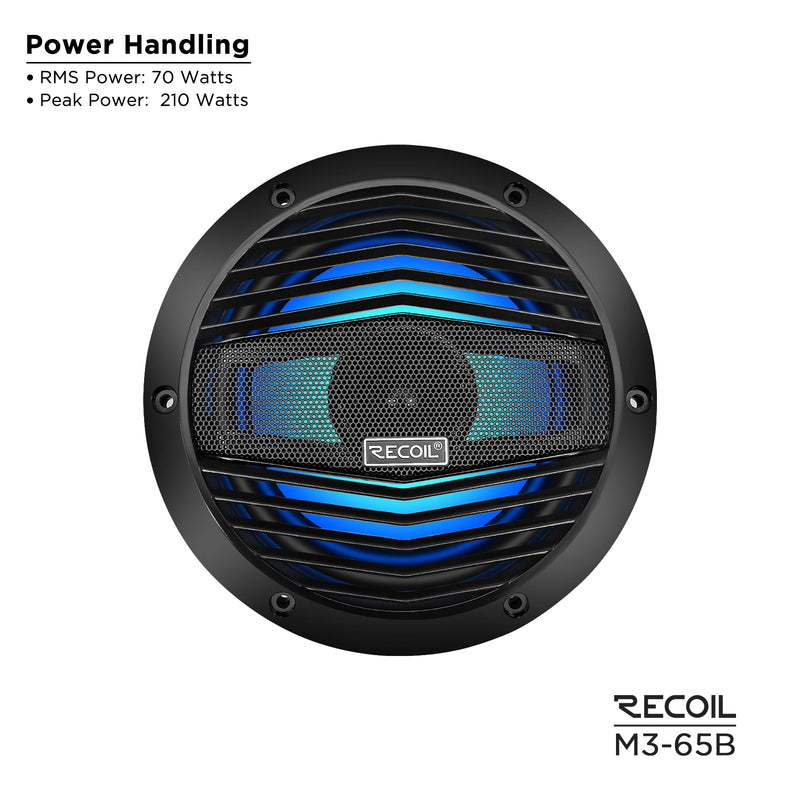 Recoil M3-65B 6.5 Inch 2-Way Marine Boat Coaxial Speakers with Built-in RGB LED 210W Max