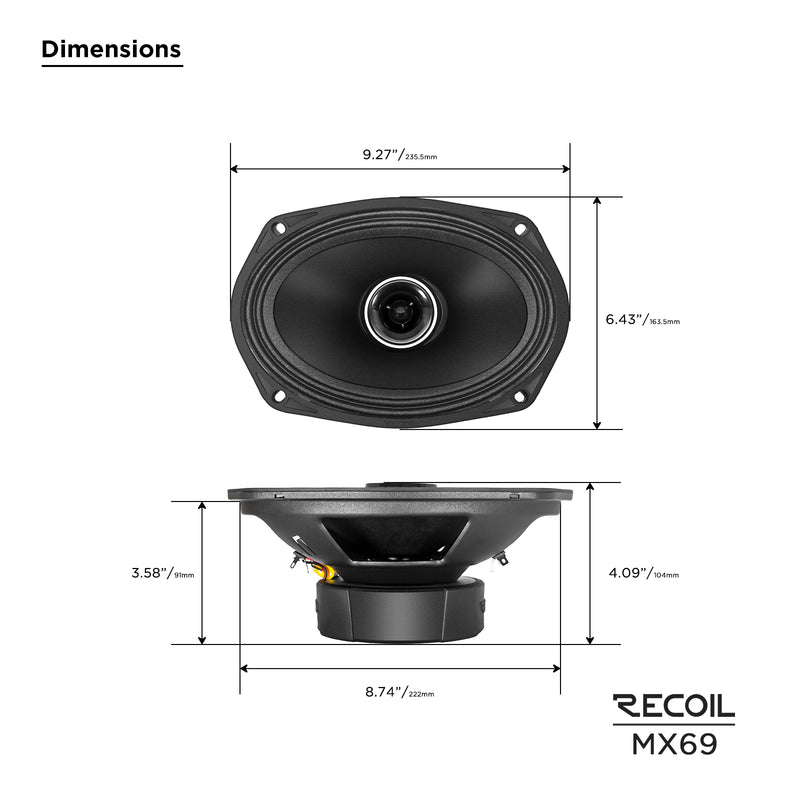 Recoil MX69 Pair 6X9-Inch 2-Way Pro Audio High Output Midrange Coaxial Speakers with Built-in Bullet Tweeters 700W Max 350W RMS (Pair) 4-Ohm