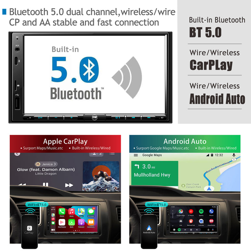 One Car Stereo 7" Wireless Carplay Android Auto Head Unit