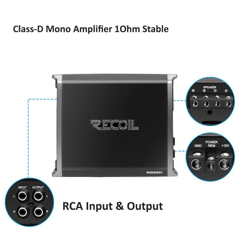 Recoil RED600.1 Car Amplifier 1000W Class-D Car Audio Mono-block Subwoofer Amp