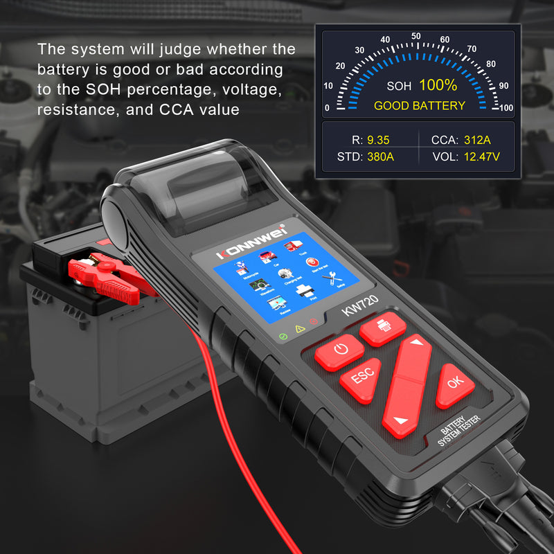 Professional Battery Tester Konnwei KW720 6V 12V 24V W/Printer 100-2000CCA