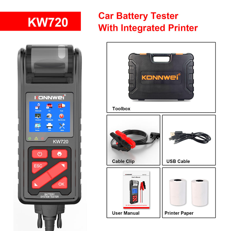 Professional Battery Tester Konnwei KW720 6V 12V 24V W/Printer 100-2000CCA