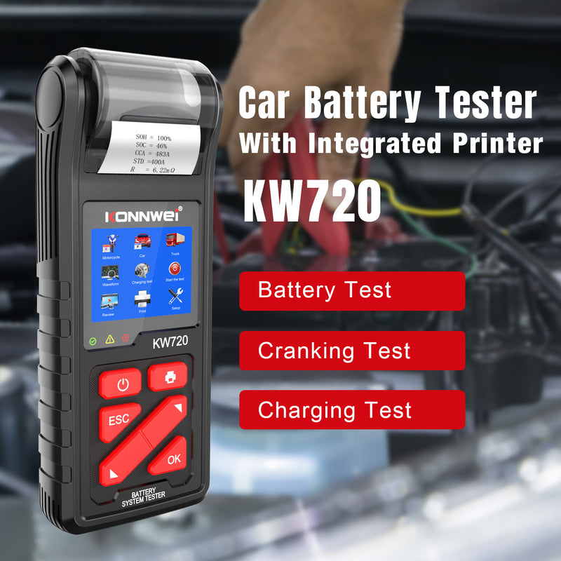 Professional Battery Tester Konnwei KW720 6V 12V 24V W/Printer 100-2000CCA