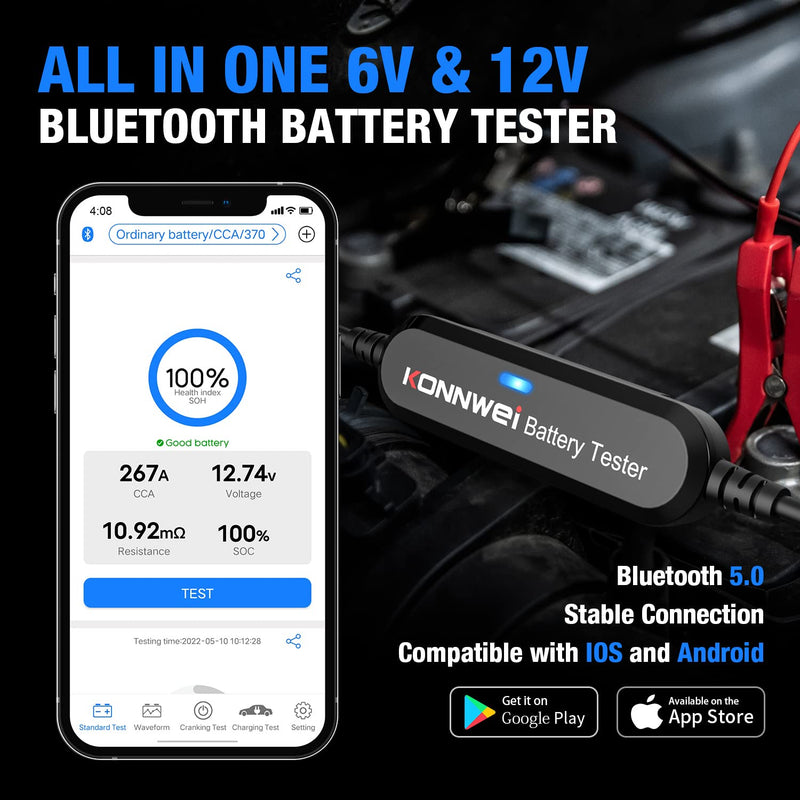 Bluetooth Car Battery Tester 6V 12V KONNWEI BK100 100-2000 CCA Load Tester