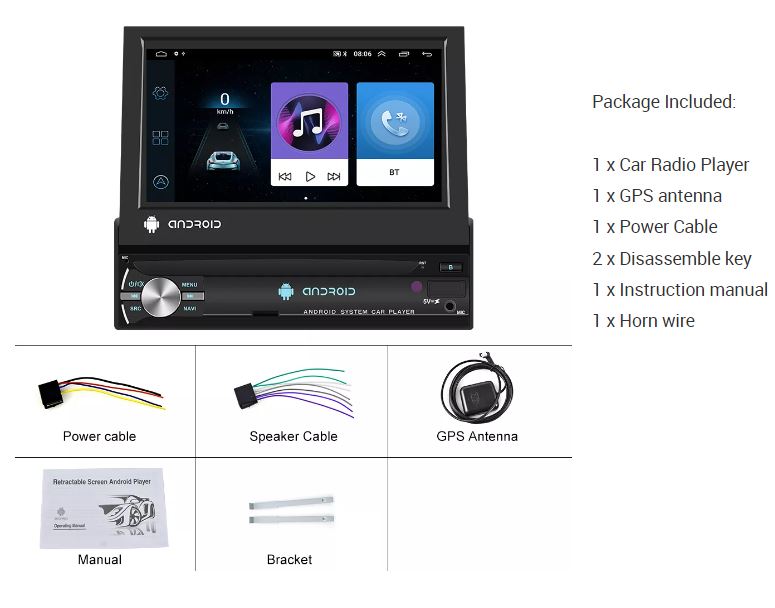 Android Car Stereo Retractable 7inch Screen 1DIN Size GPS USB Bluetooth